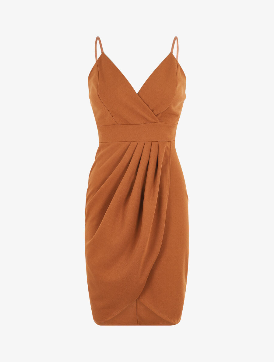 Robe portefeuille courte à bretelles - Camel - 5