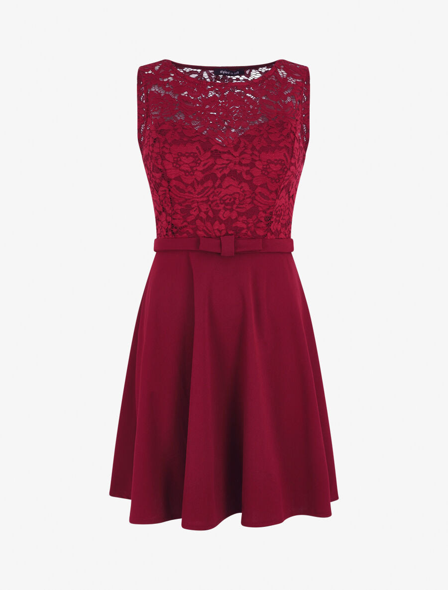 Robe patineuse à buste en dentelle - Bordeaux - 1