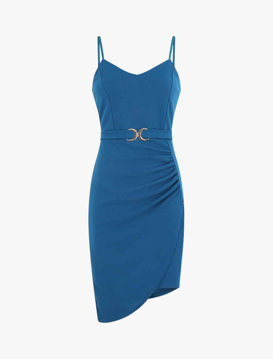 Robe drapée à bretelles et boucle - Bleu - 5