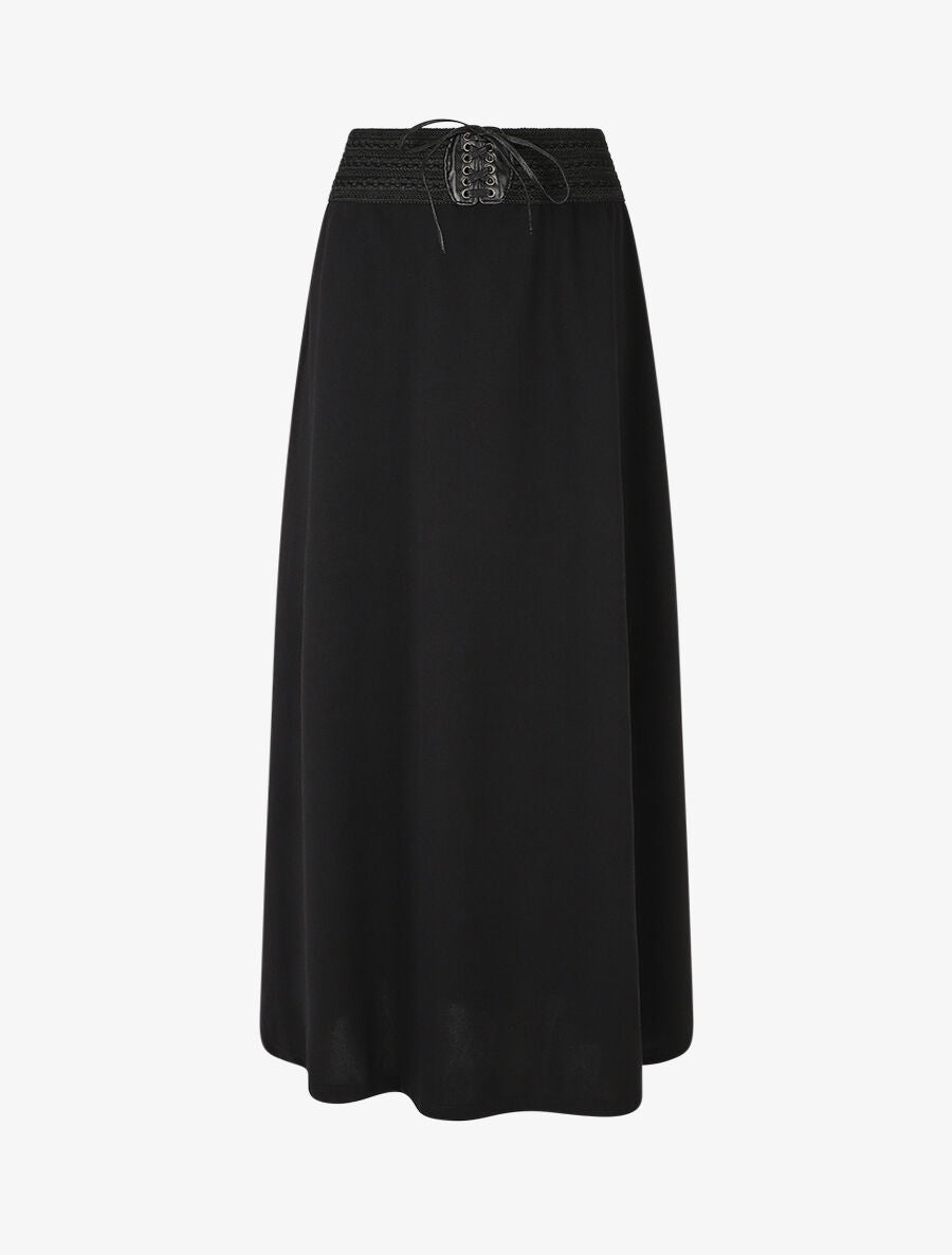 Jupe longue droite unie à taille élastiquée - Noir - 1