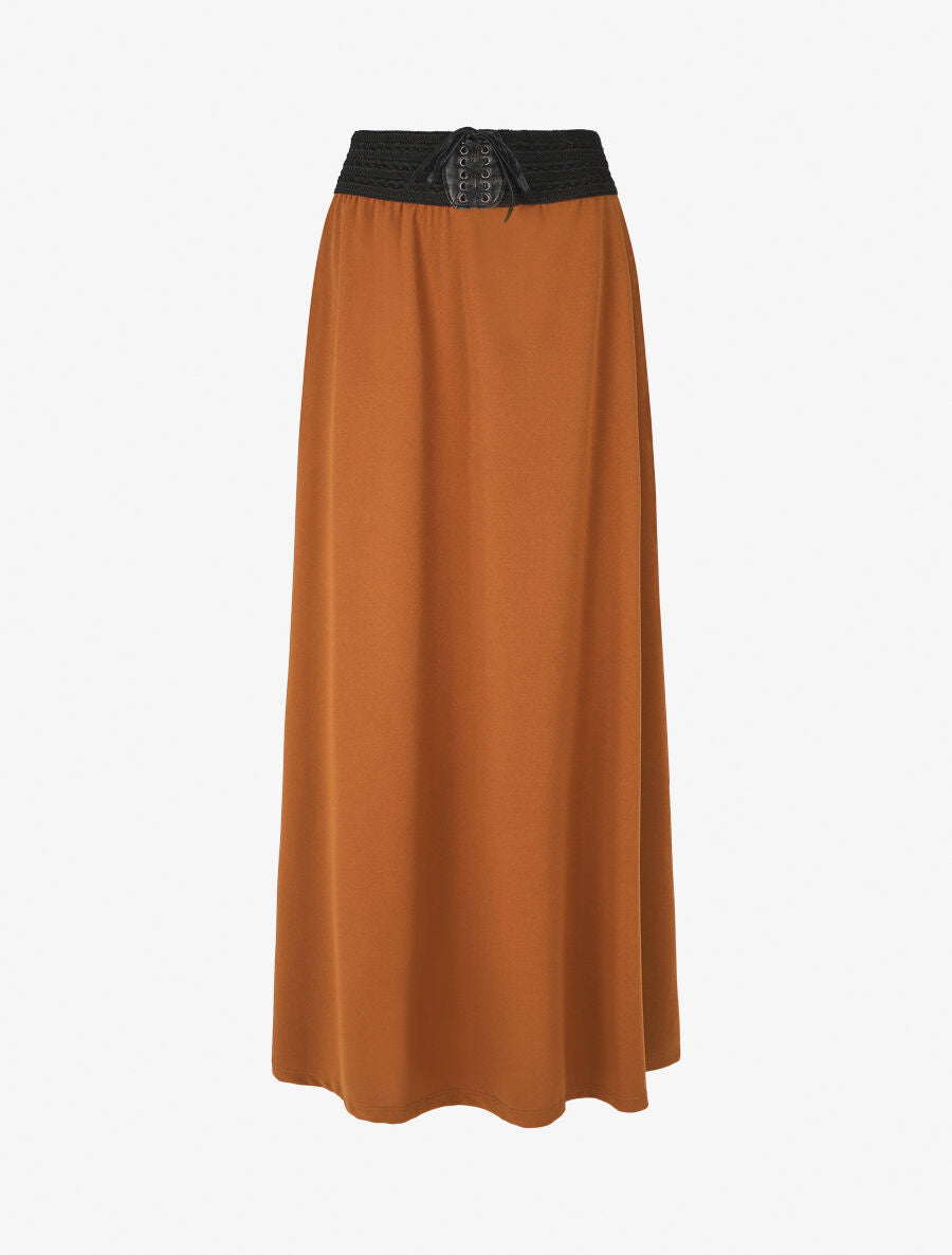 Jupe longue droite unie à taille élastiquée - Camel - 4