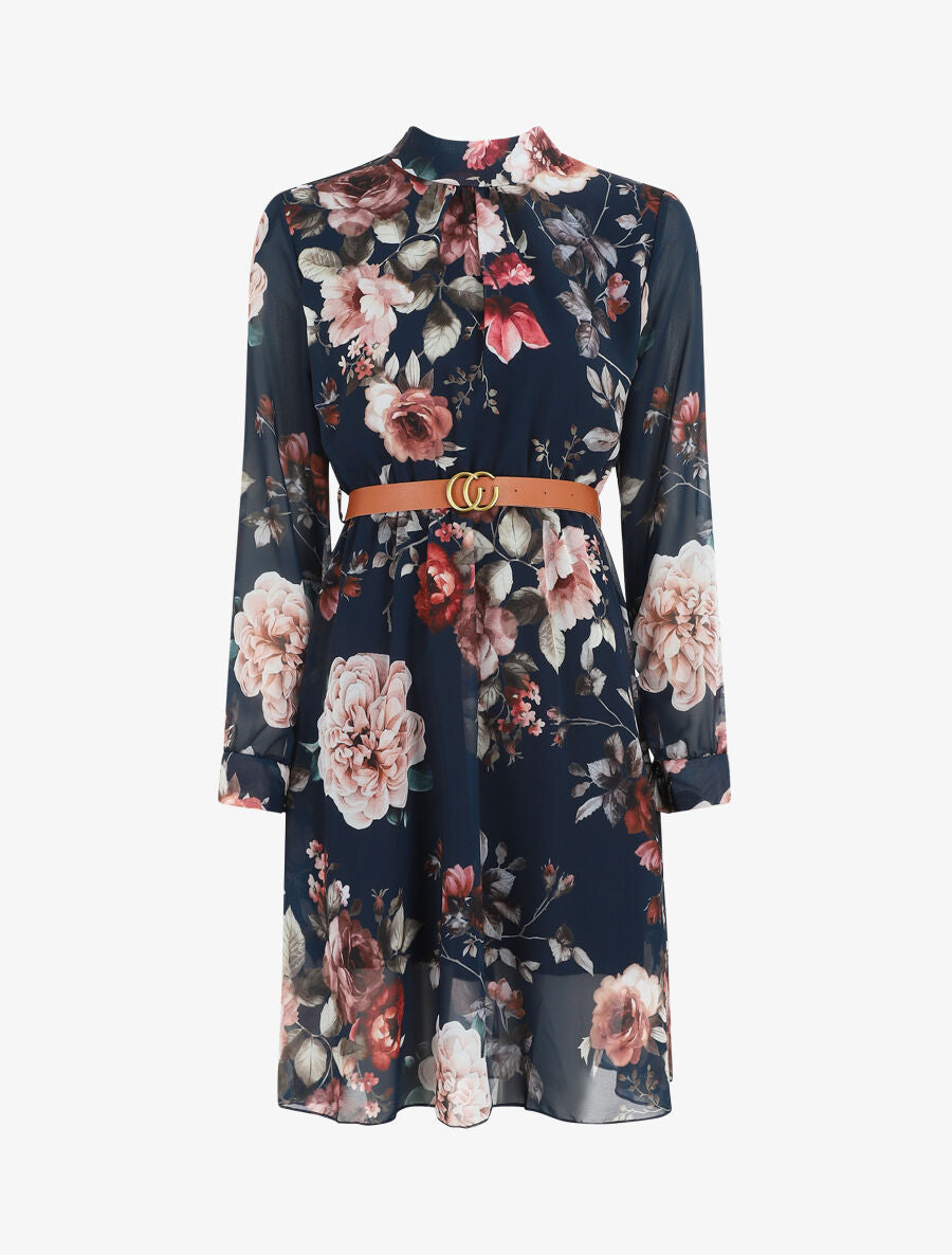 Robe évasée col montant imprimé floral - Marine - 1