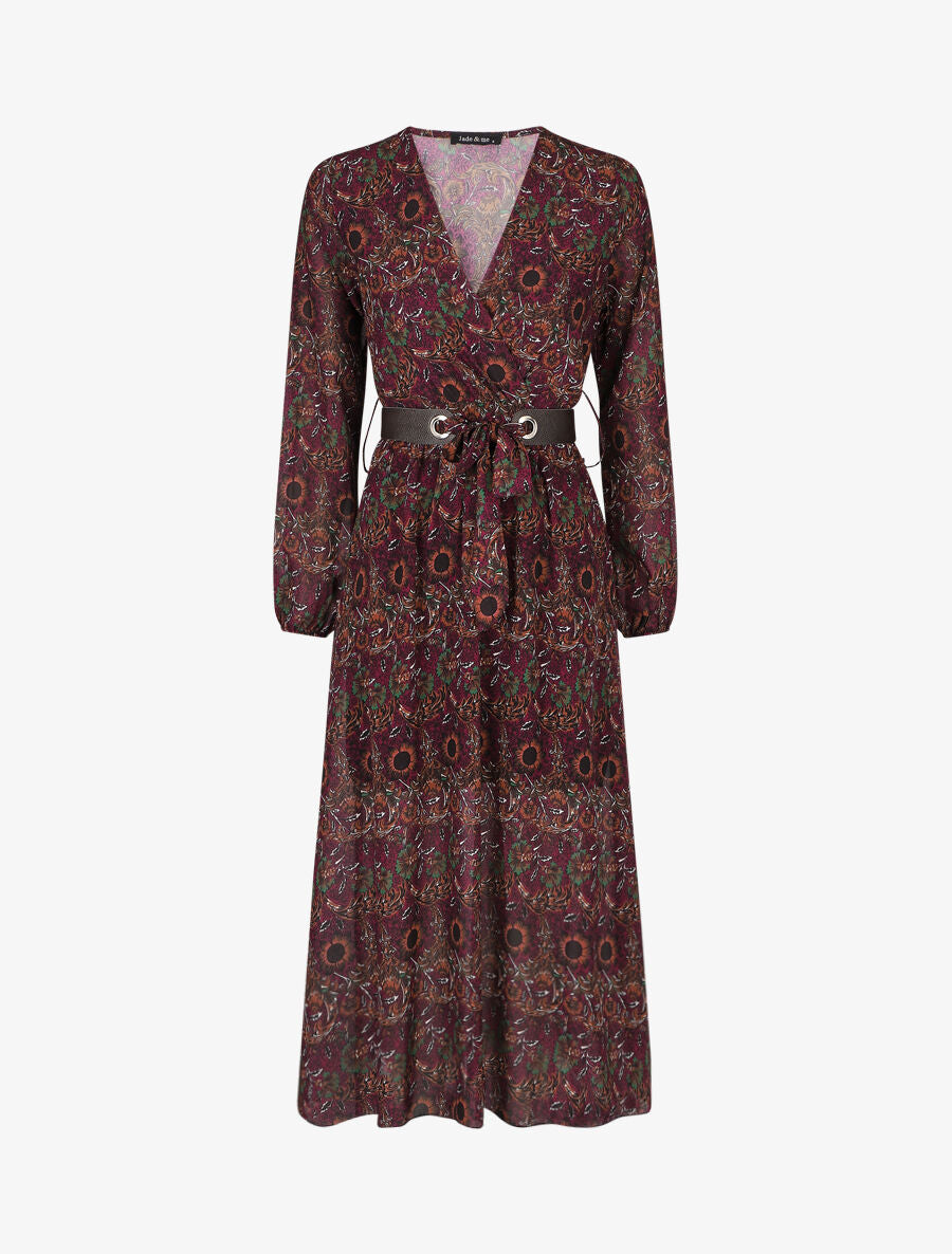 Robe longue empire imprimé fleurs baroques - Violet - 1