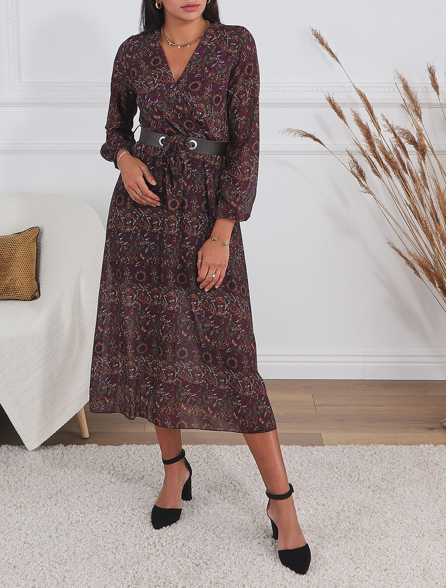 Robe longue empire imprimé fleurs baroques - Violet - 4