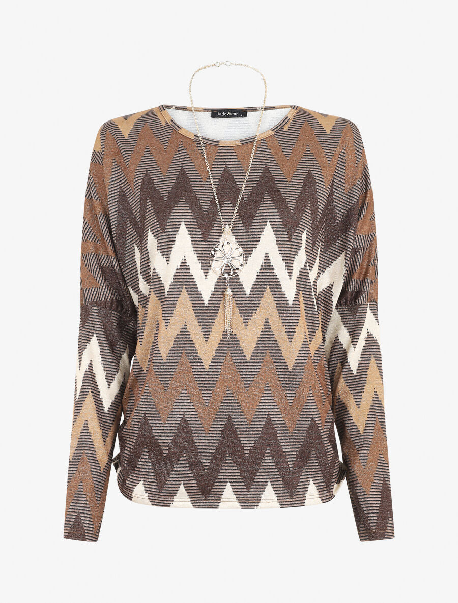 Top manches chauves-souris imprimé zig-zag irisé - Camel - 4