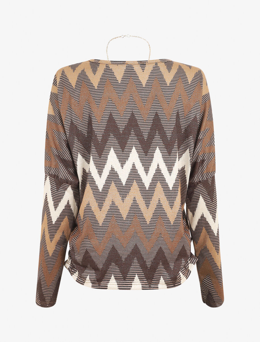 Top manches chauves-souris imprimé zig-zag irisé - Camel - 2