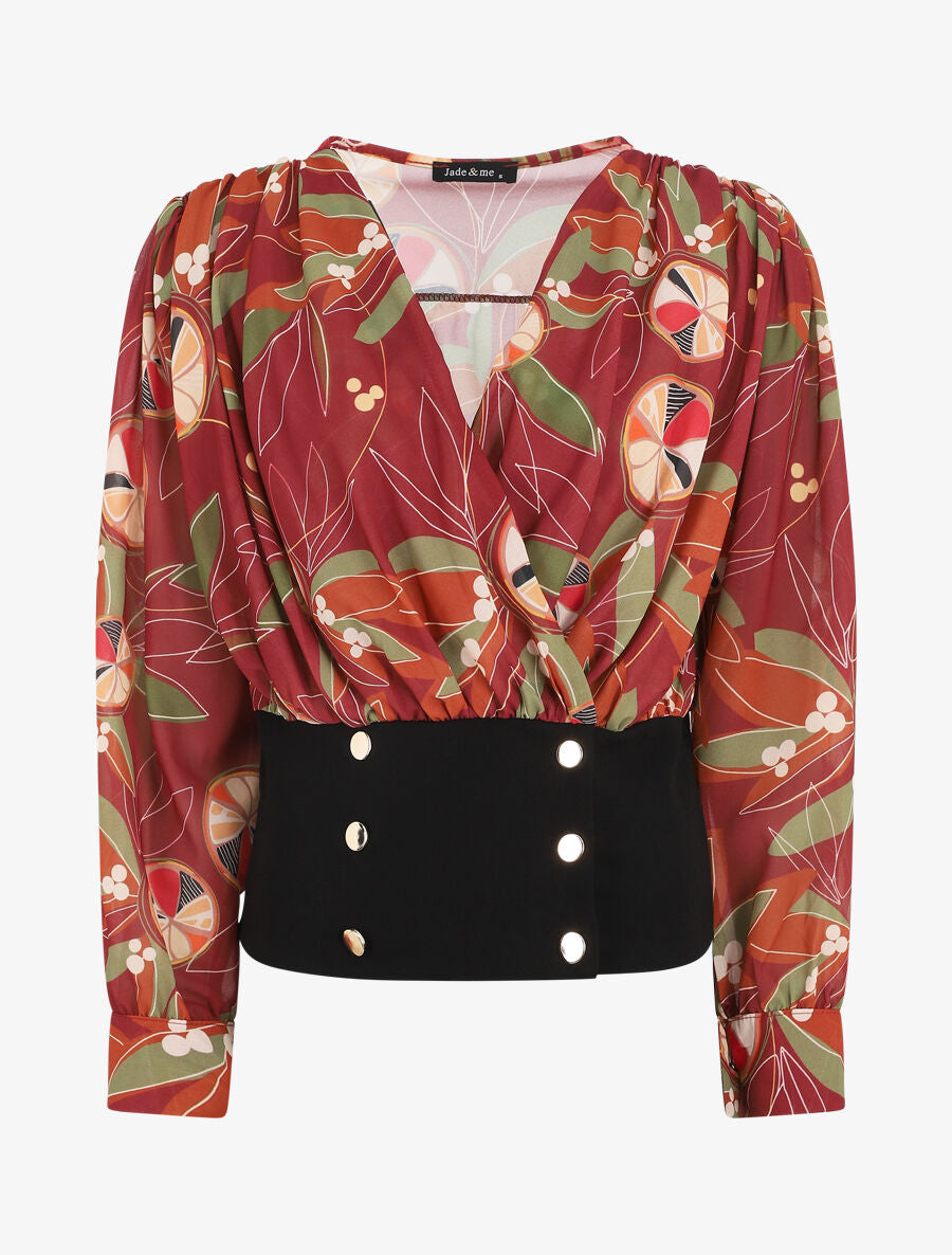 Blouse cache-coeur imprimée à boutons décoratifs - Bordeaux - 4