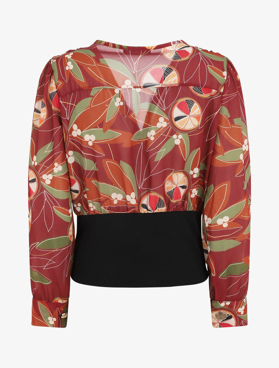 Blouse cache-coeur imprimée à boutons décoratifs - Bordeaux - 2
