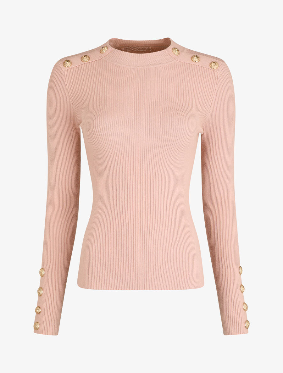 Pull ajusté à col montant boutonné - Rose poudré - 1