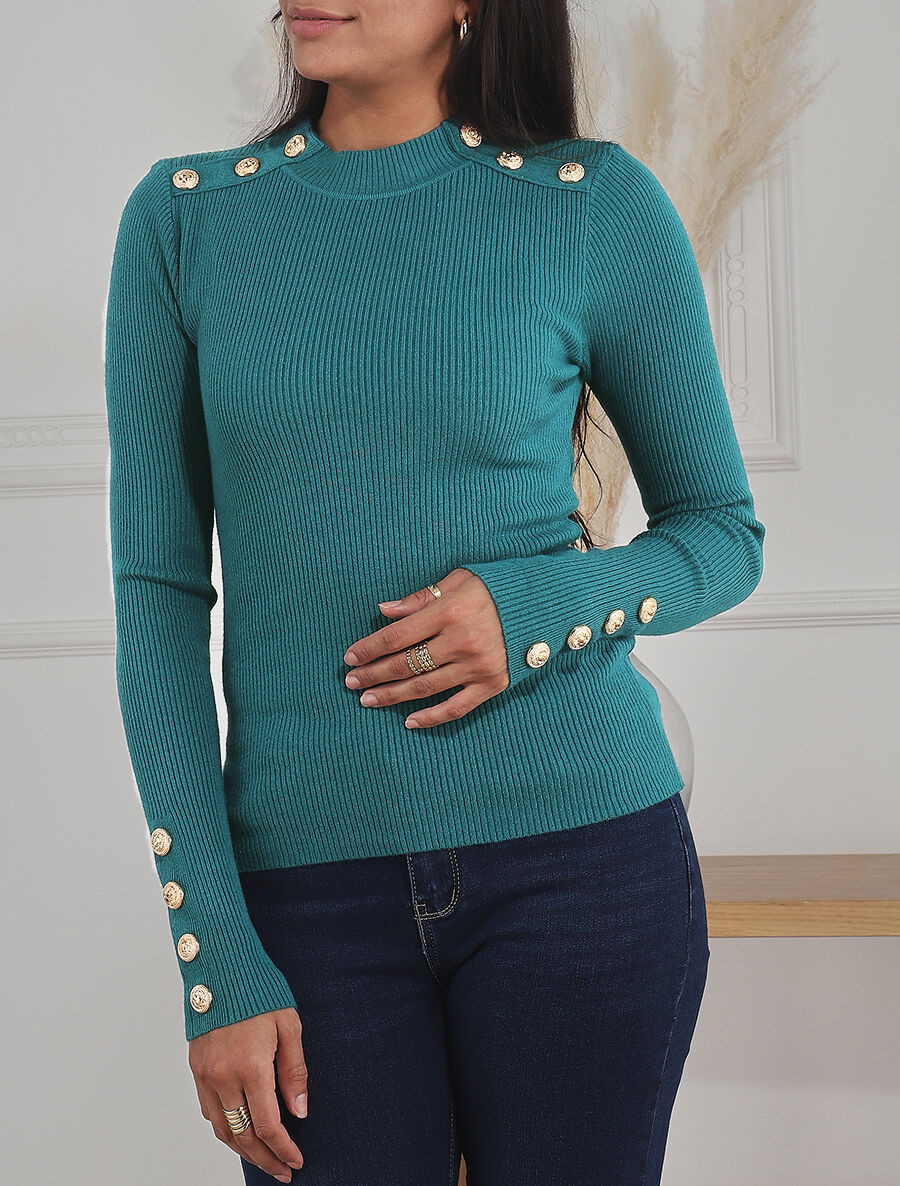 Pull ajusté à col montant boutonné - Bleu canard - 5