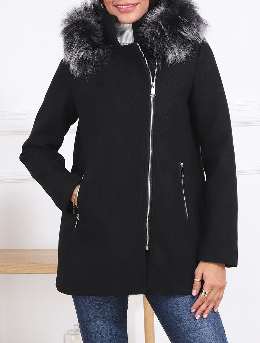 Manteau droit à capuche amovible - Noir - 4