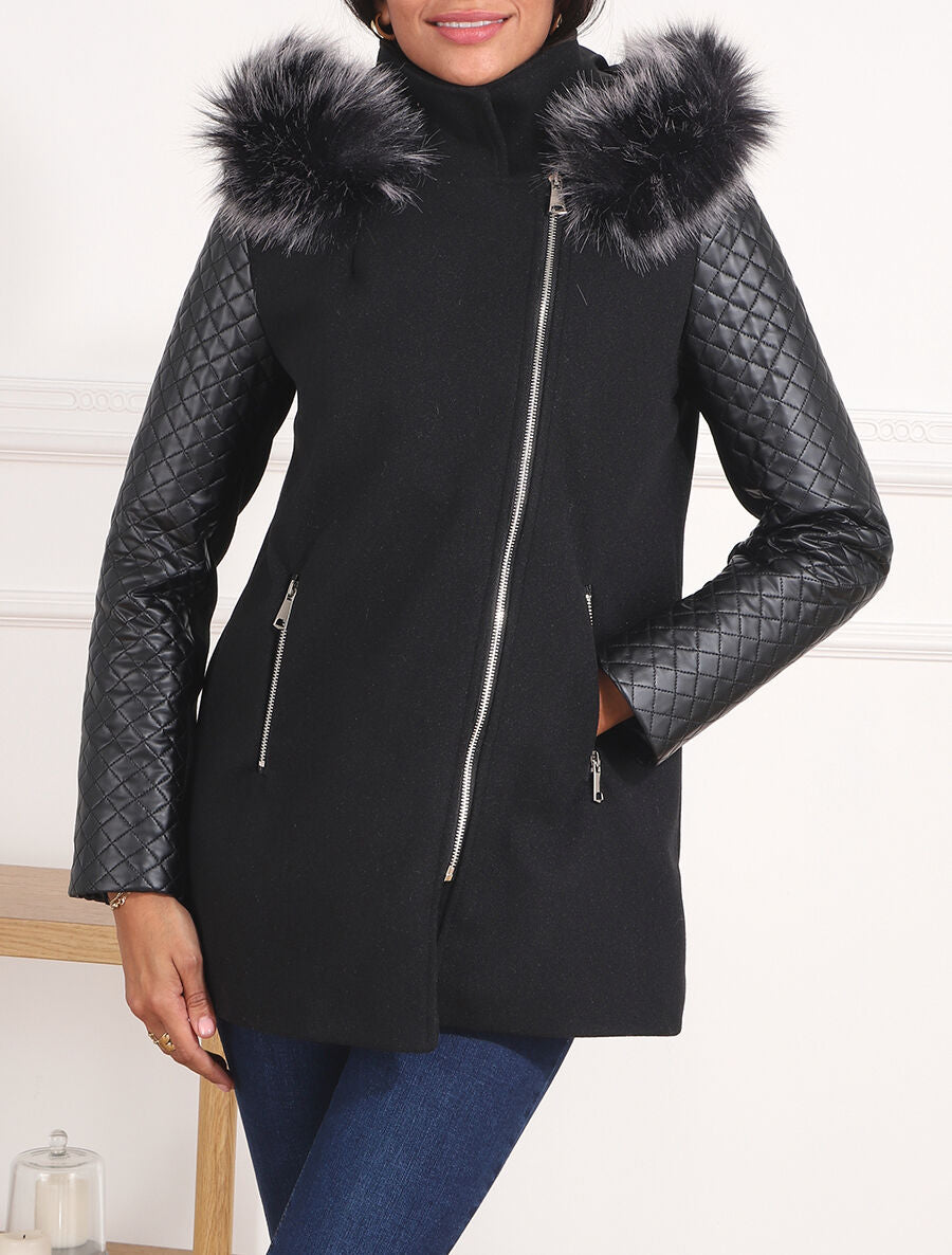 Manteau à capuche et à manches en simili - Noir - 4