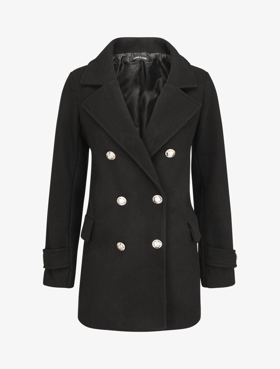 Manteau mi-long boutonné à col cranté - Noir - 1