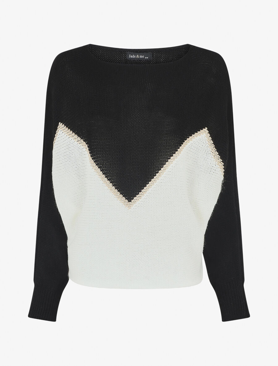 Pull bicolore à liseré doré zigzag - Noir - 5