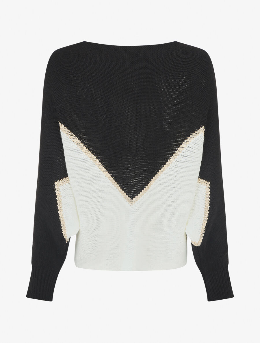 Pull bicolore à liseré doré zigzag - Noir - 2