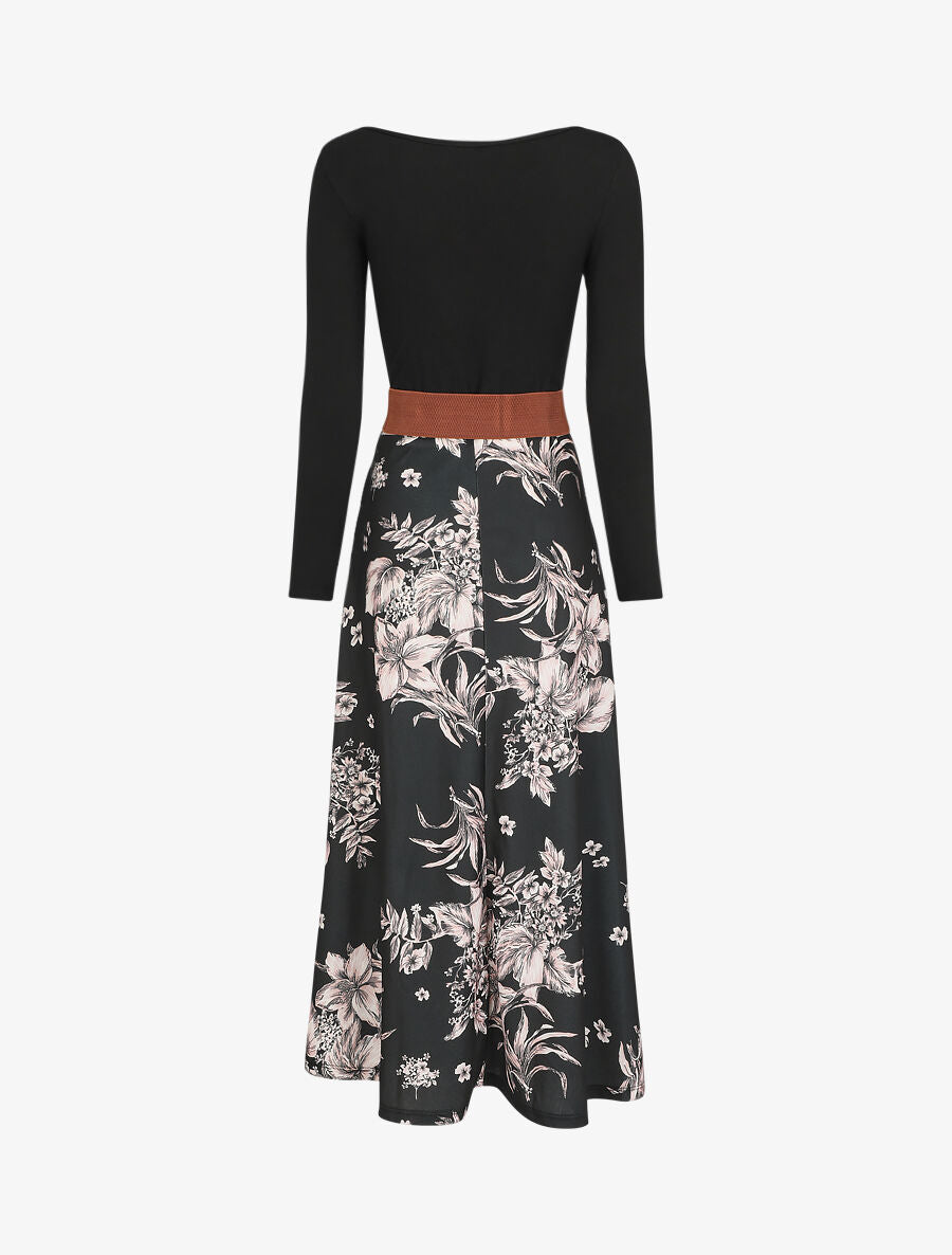 Robe longue empire à jupe fleurie - Noir - 2