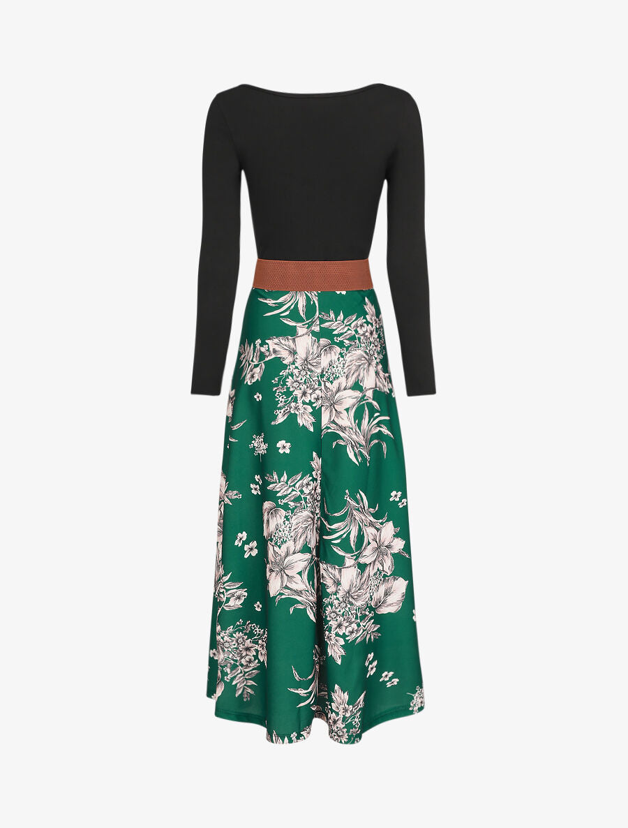 Robe longue empire à jupe fleurie - Vert - 2