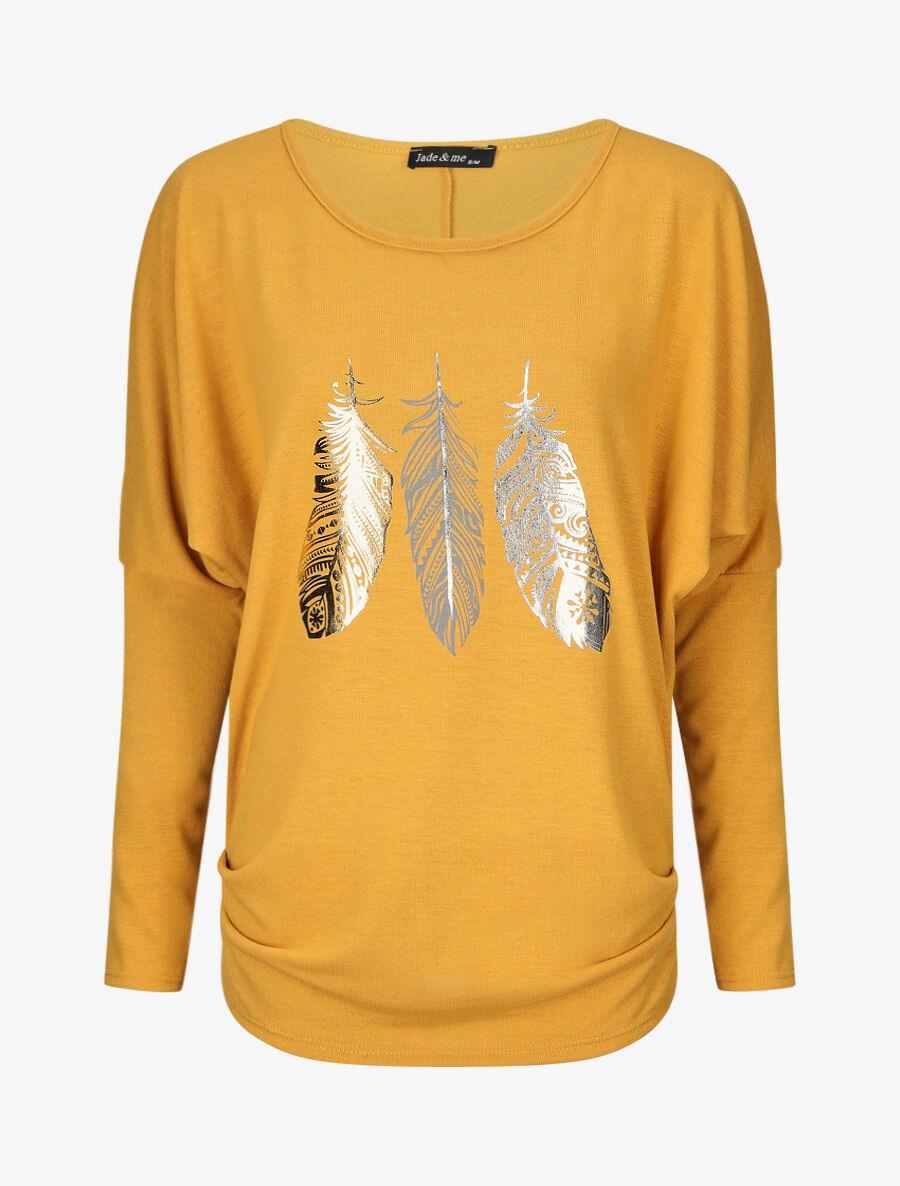 Pull ample à imprimé plumes irisées - Jaune moutarde - 1