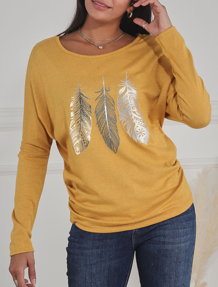 Pull ample à imprimé plumes irisées - Jaune moutarde - 4