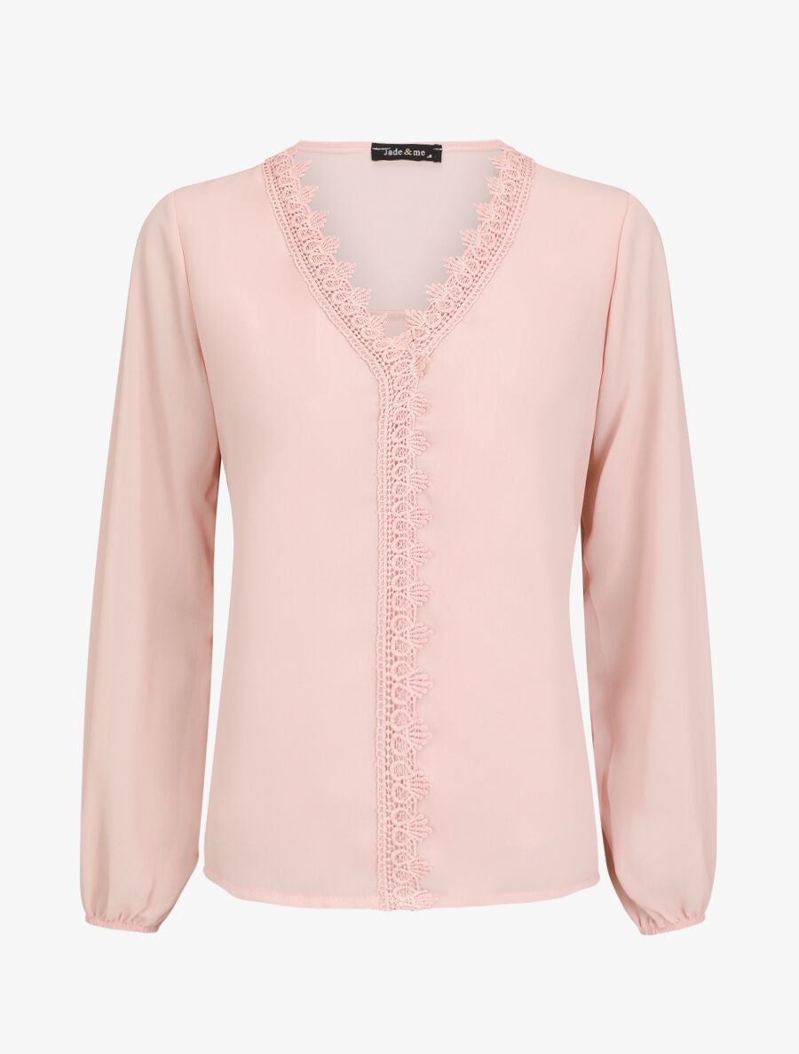 Blouse en voile unie à col brodé - Rose - 1