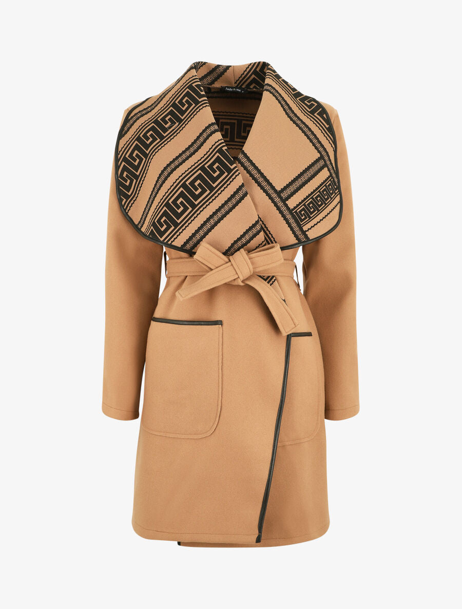 Manteau ceinturé à imprimé grec - Camel - 1