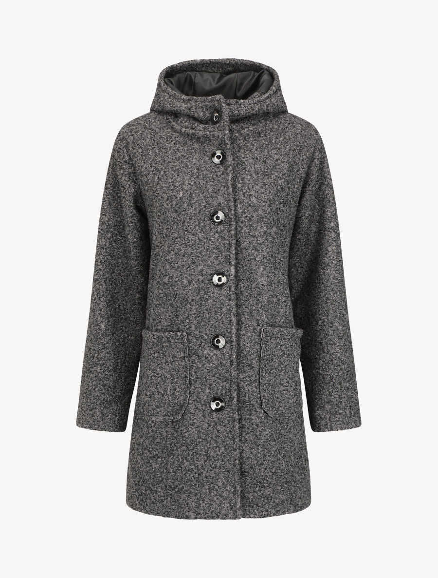 Manteau mi-long bouclé à capuche - Gris foncé - 1