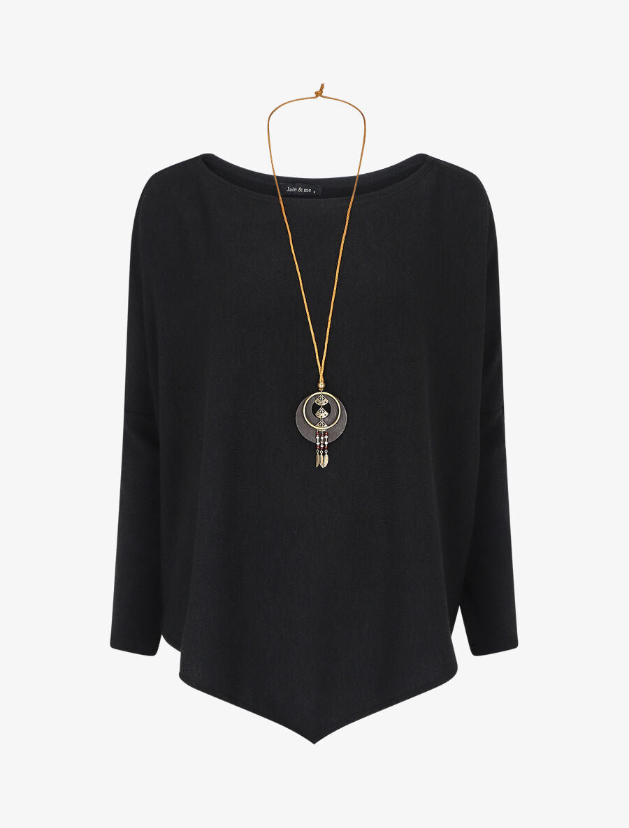 Pull ample uni en V - Noir - 1
