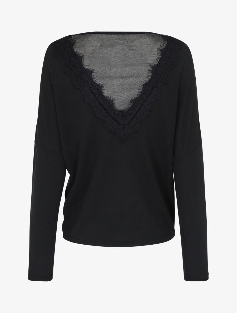 Pull fin à col V et dos en dentelle - Noir - 2