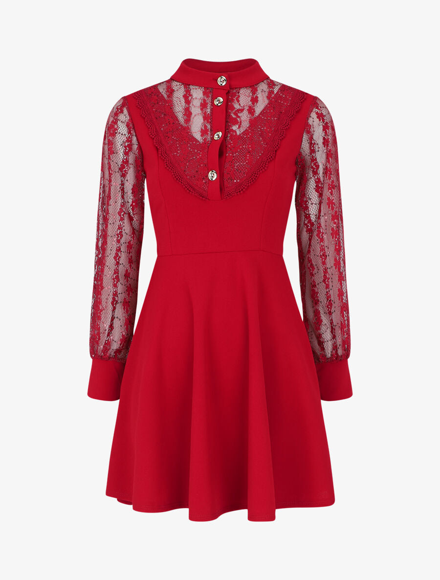 Robe droite à manches en dentelle et sequins - Bordeaux - 1