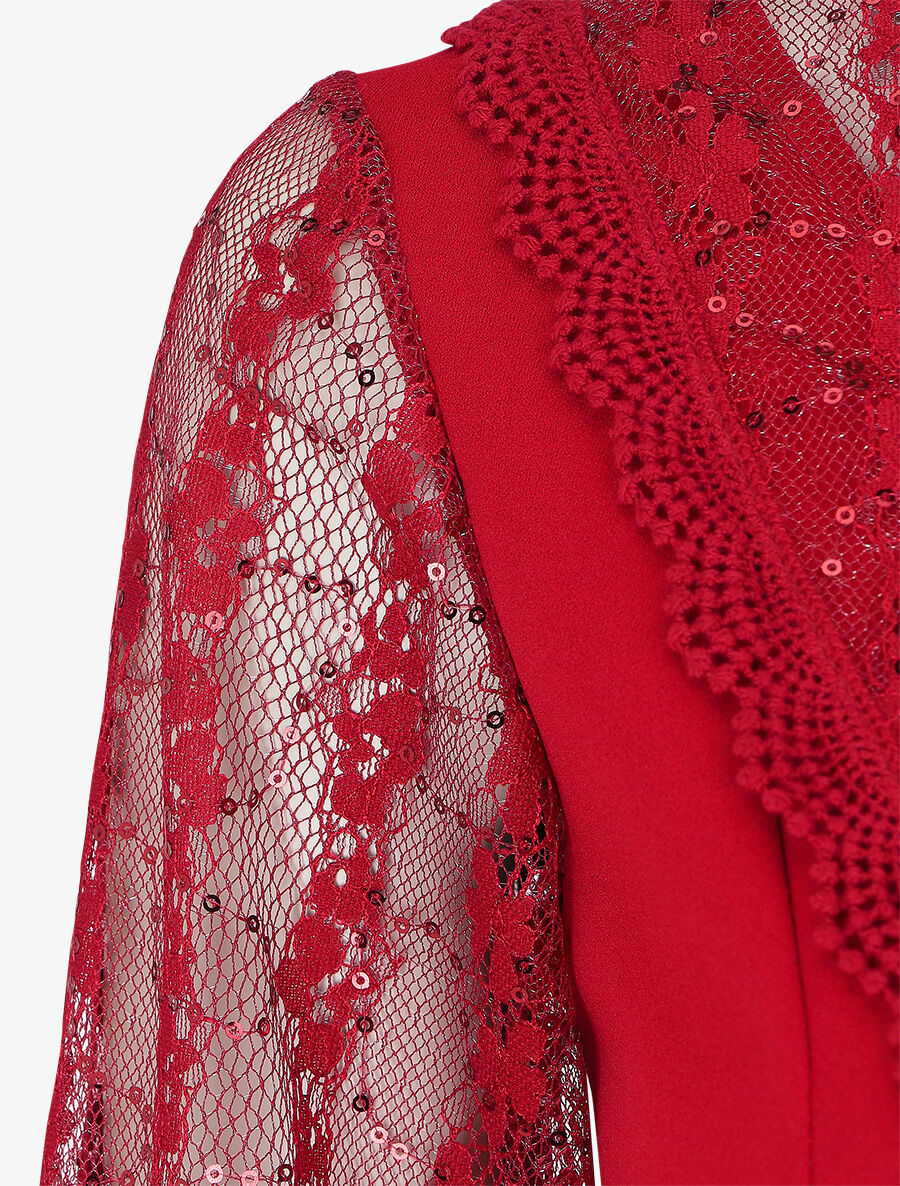Robe droite à manches en dentelle et sequins - Bordeaux - 3
