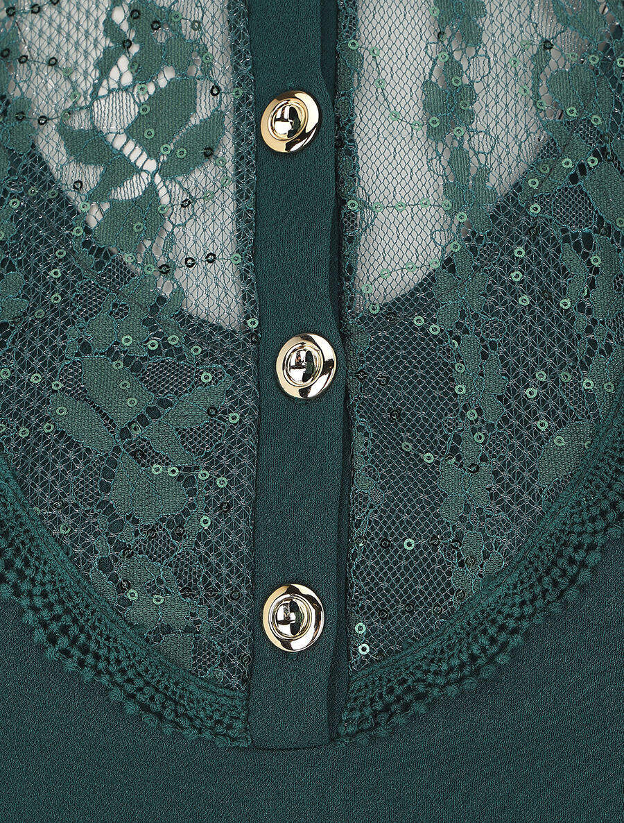 Robe droite à manches en dentelle et sequins - Vert sapin - 3
