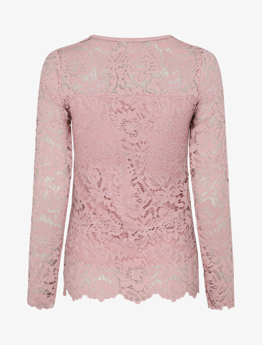 Top uni en dentelle à manches longues - Rose - 2