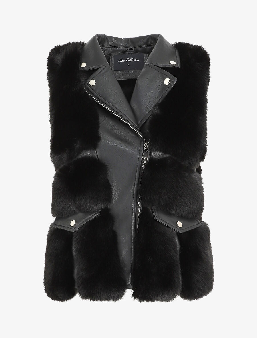 Veste sans manches en simili et fausse fourrure - Noir - 1