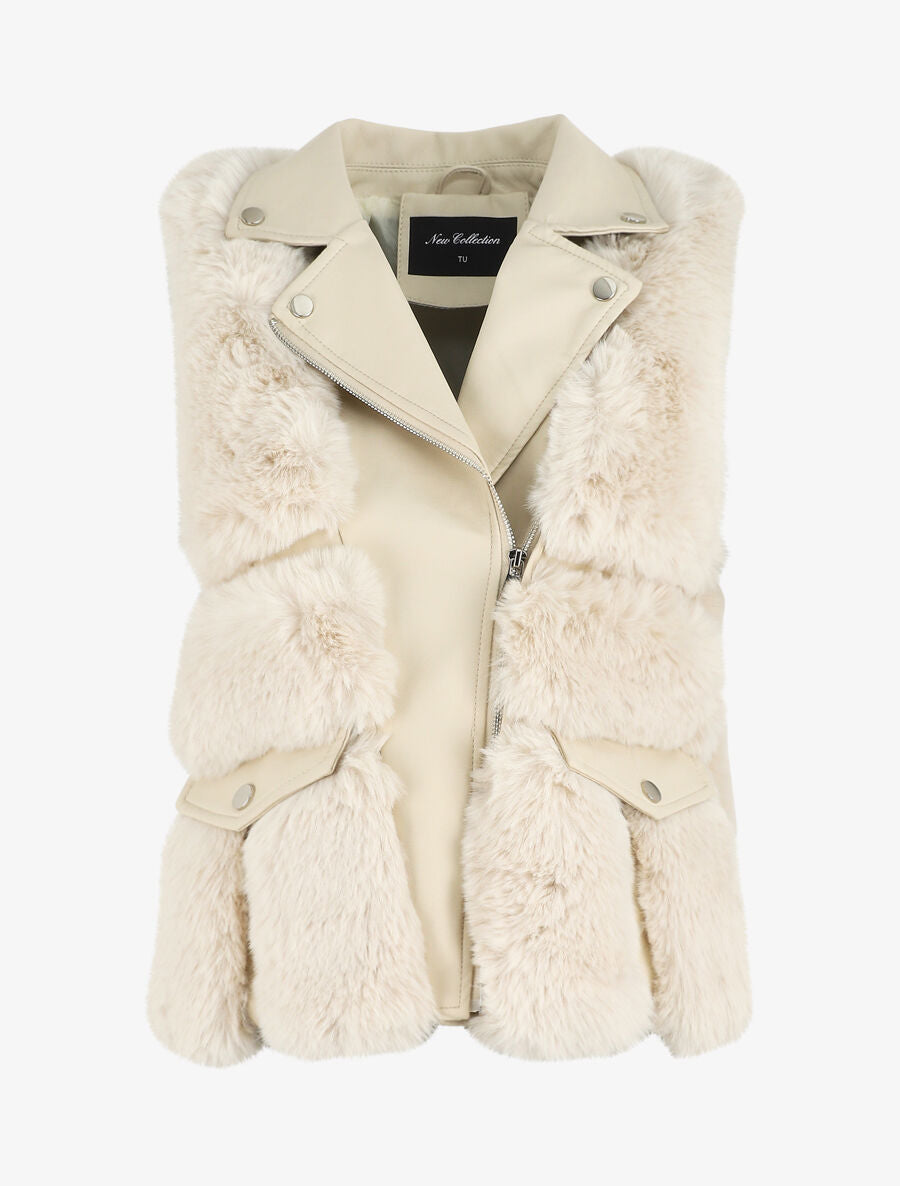 Veste sans manches en simili et fausse fourrure - Beige - 4