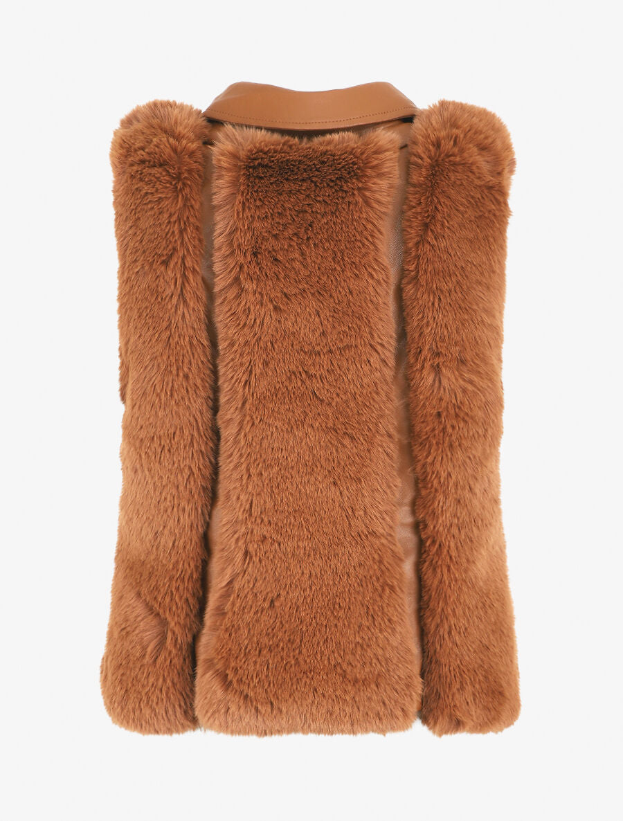 Veste sans manches en simili et fausse fourrure - Camel - 2