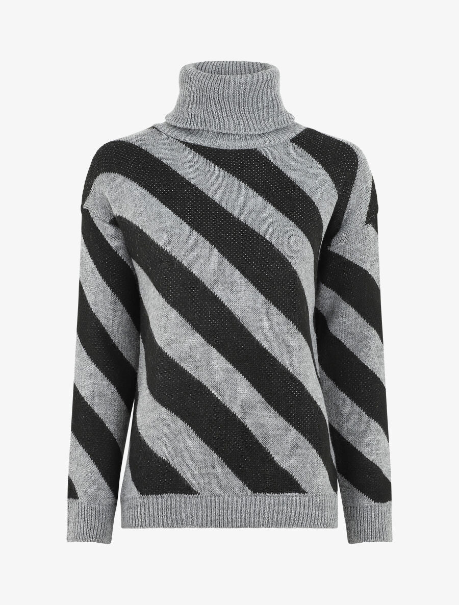 Pull col roulé rayé - Gris - 1