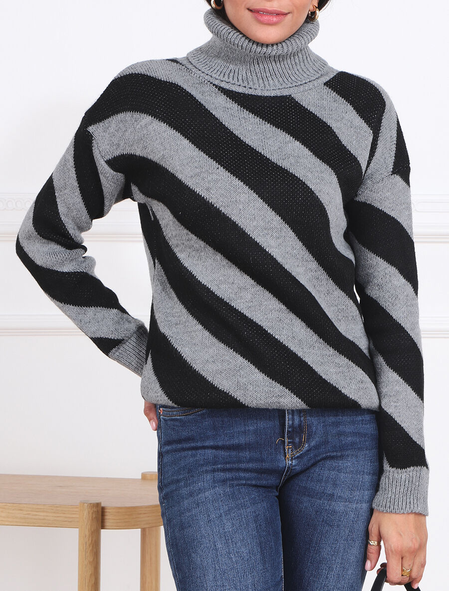 Pull col roulé rayé - Gris - 4