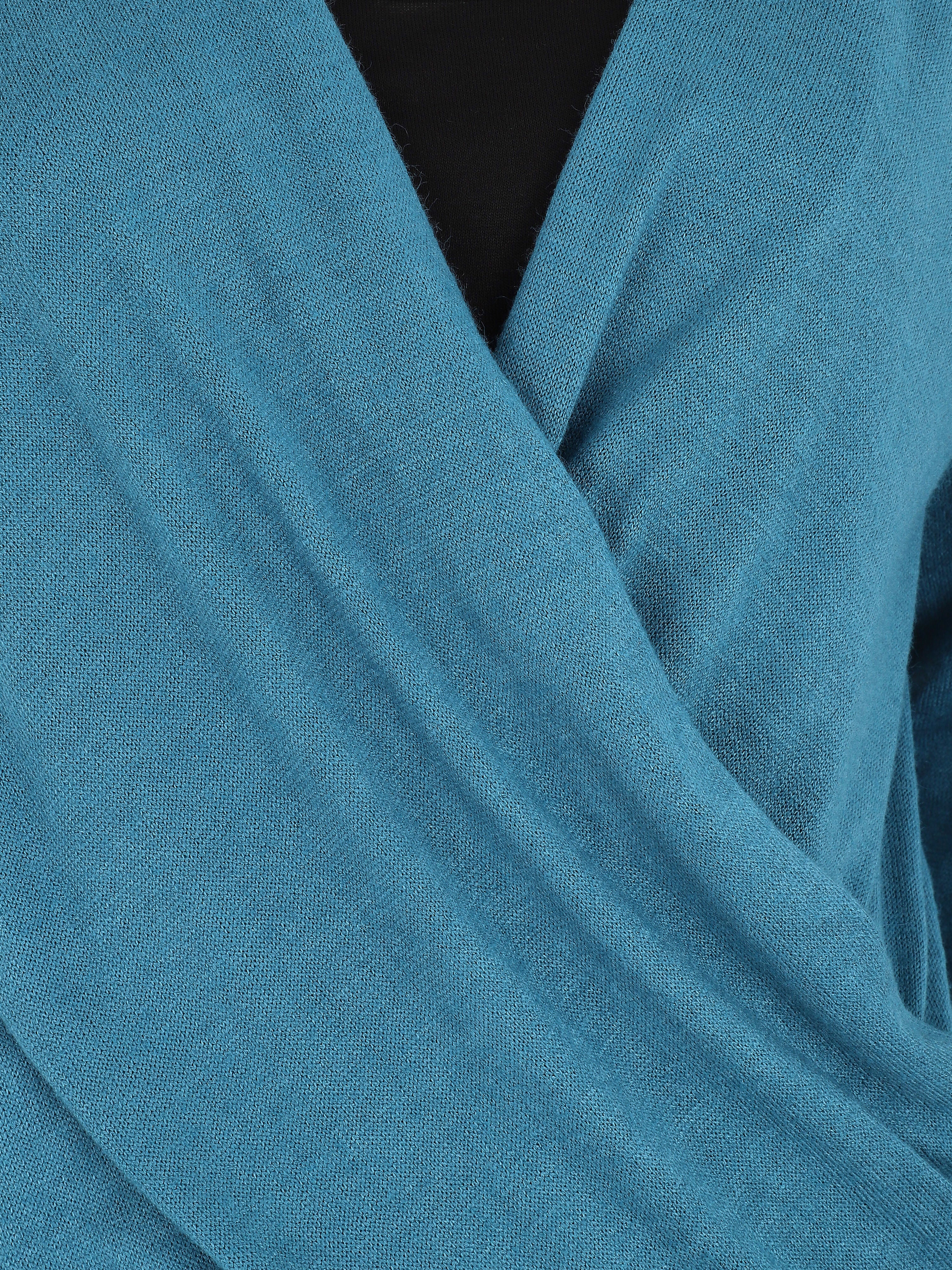 Top bicolore à manches longues et effet croisé - Bleu canard - 3