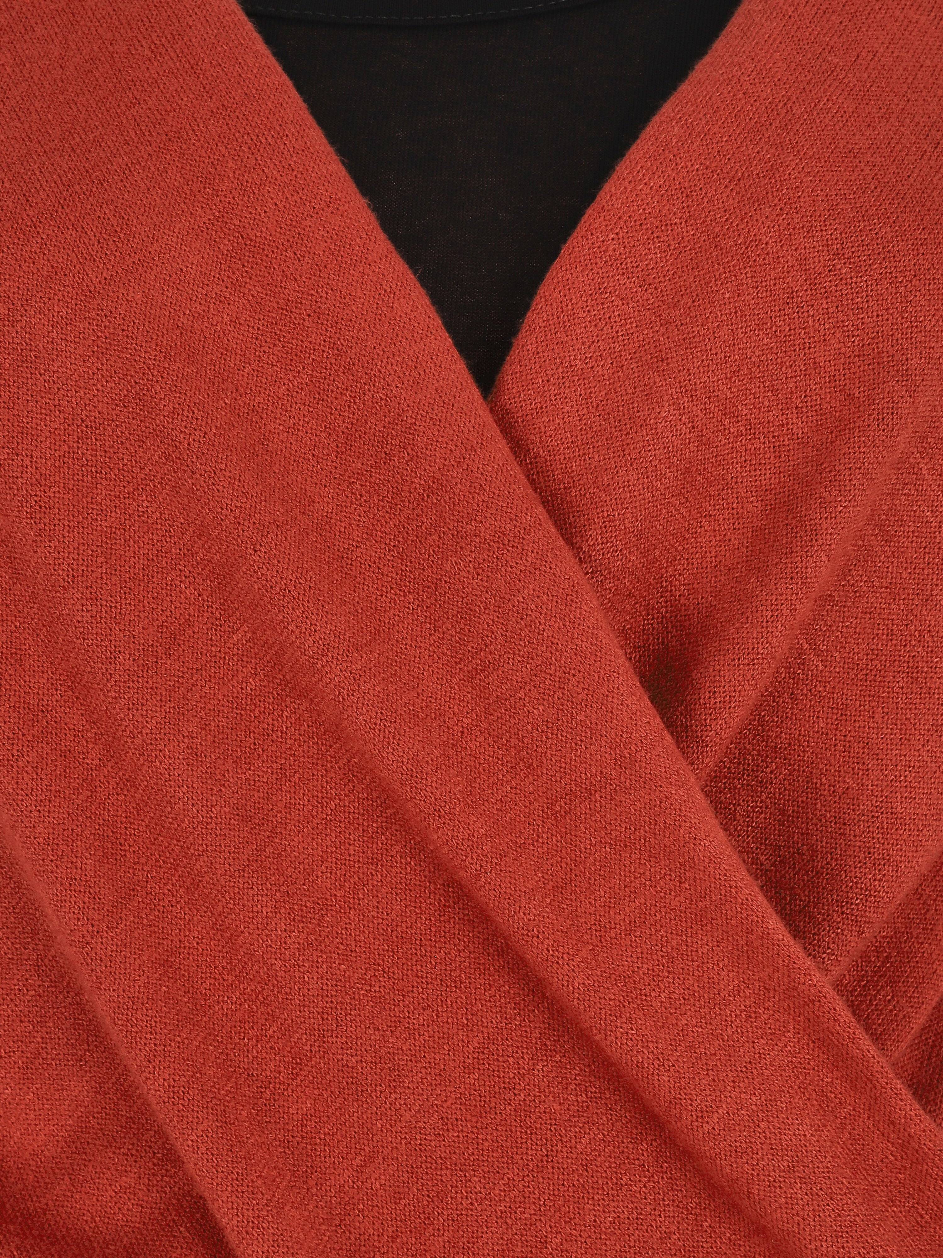 Top bicolore à manches longues et effet croisé - Rouge - 3