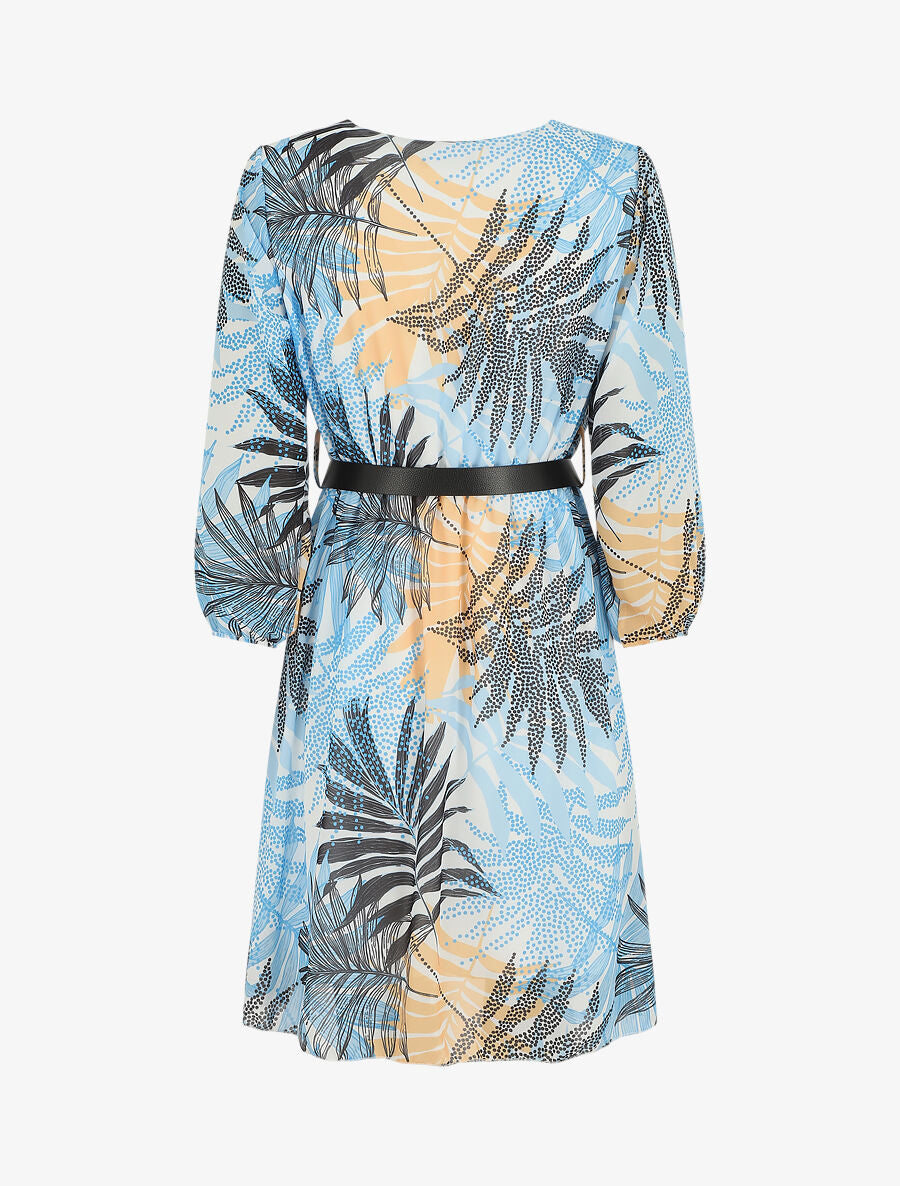 Robe manches 3/4 imprimé feuille fantaisie - Écru/bleu ciel - 2