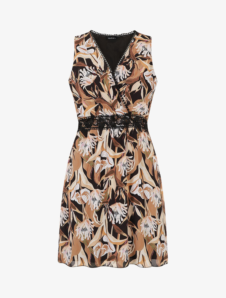 Robe courte tropical sans manches col cache-coeur - Noir - 1