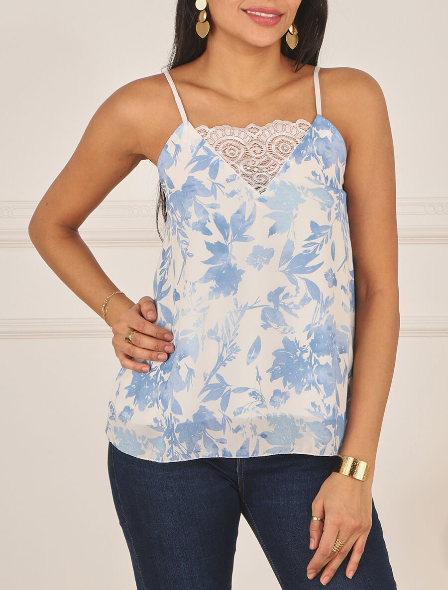 Caraco col dentelle imprimé végétal - Blanc - 4