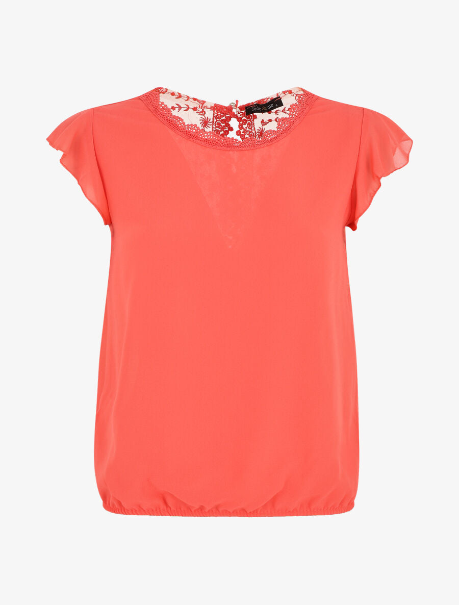 Top uni à mancherons et dos en dentelle - Corail - 1