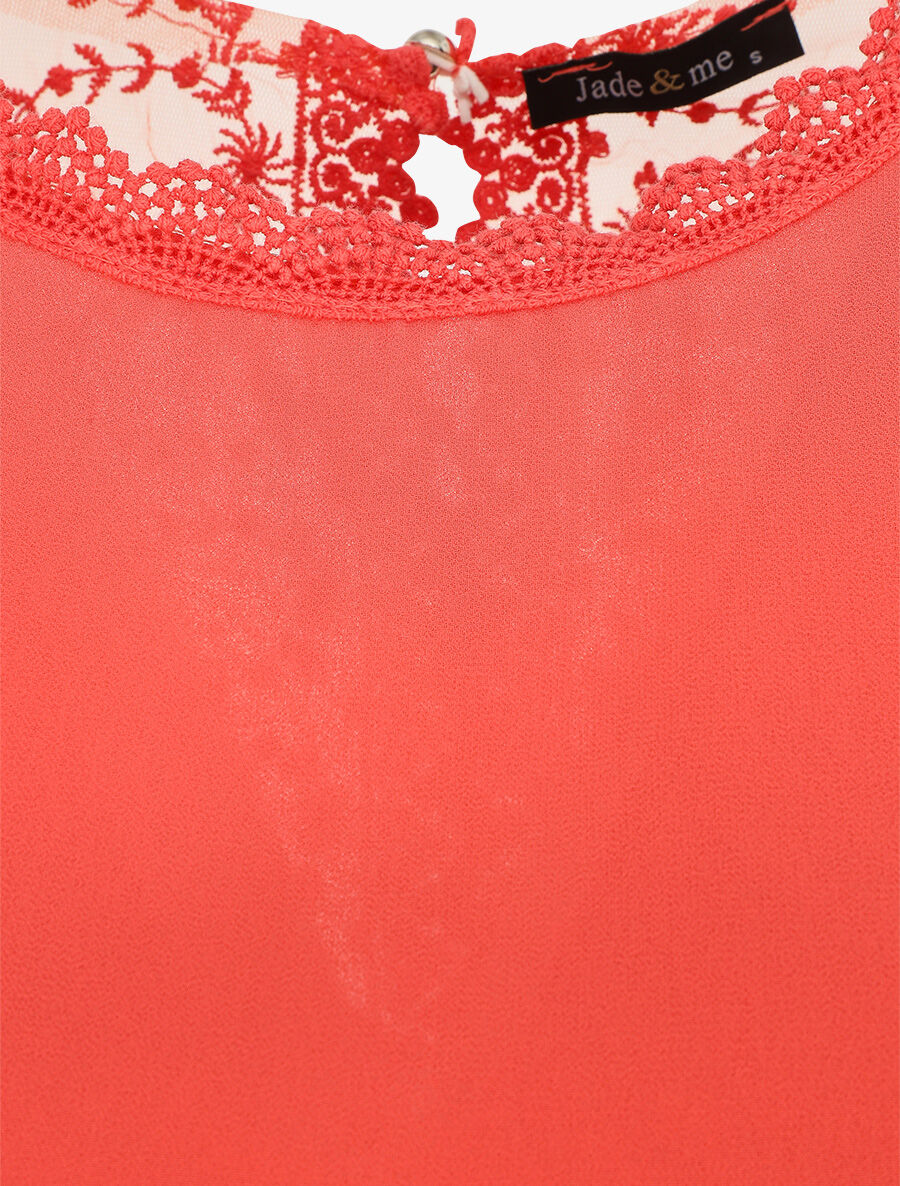 Top uni à mancherons et dos en dentelle - Corail - 3