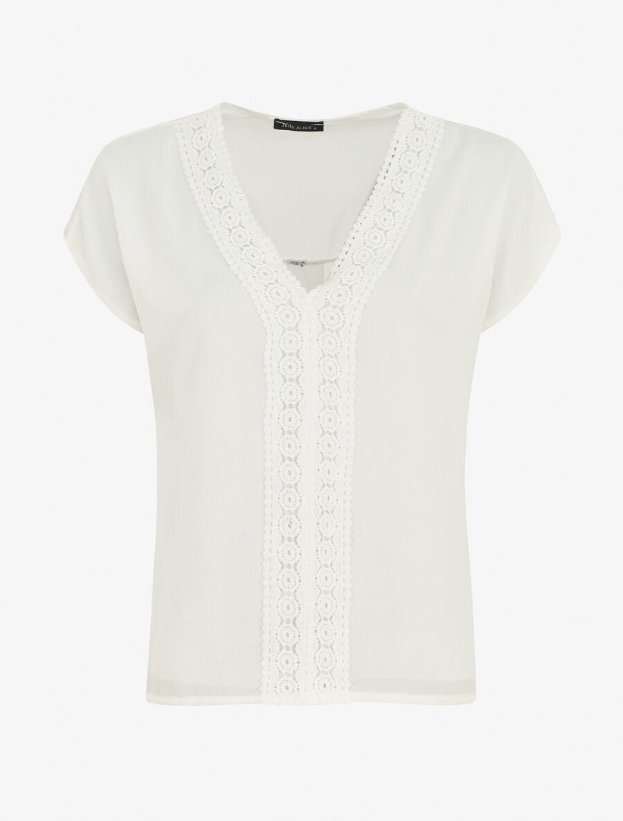 Top uni en voile et broderies - Blanc - 5