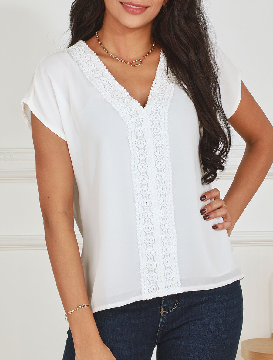 Top uni en voile et broderies - Blanc - 4