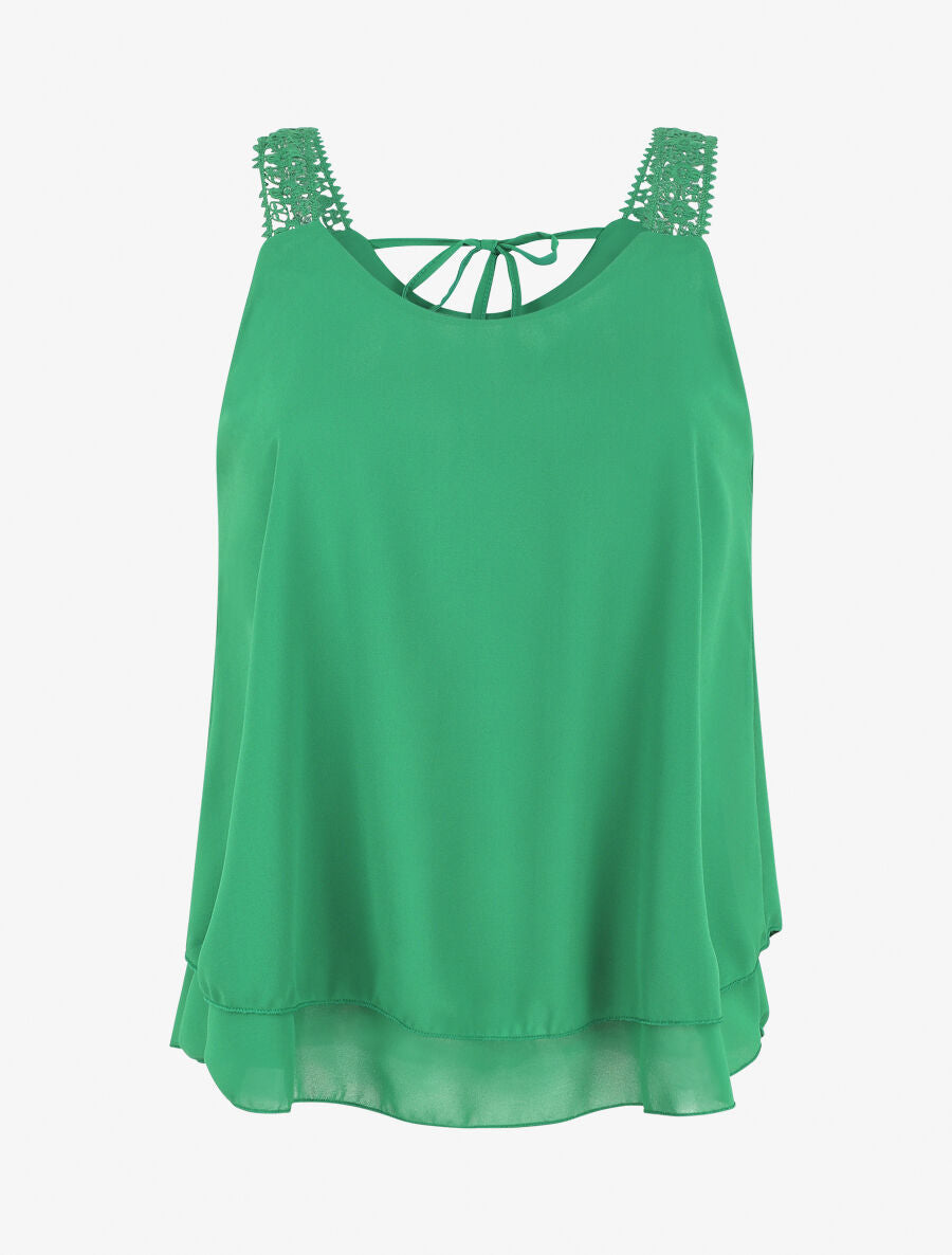 Débardeur fluide uni à bretelles en crochet - Vert - 1