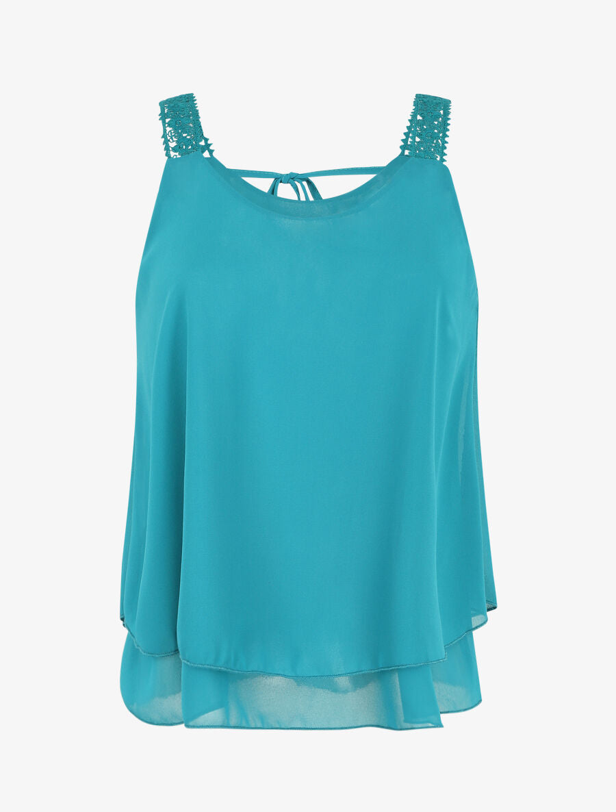 Débardeur fluide uni à bretelles en crochet - Bleu turquoise - 5