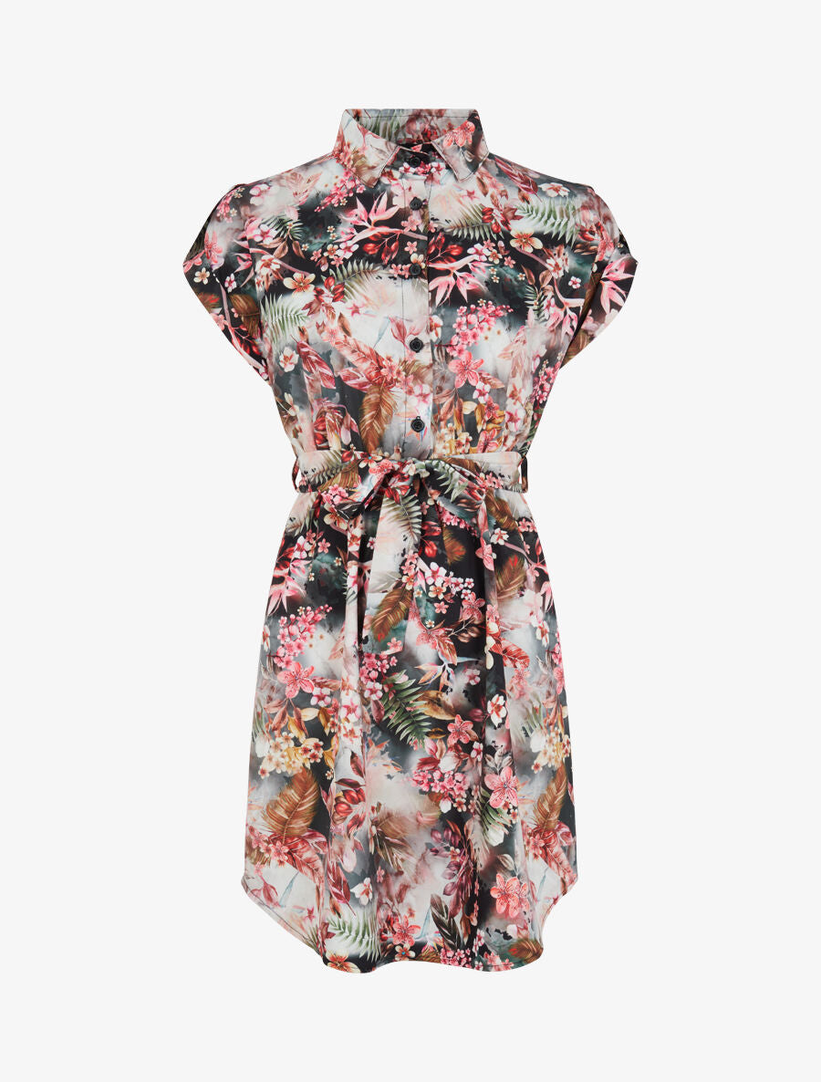 Robe patineuse imprimé fleurs des tropiques à manches courtes - Noir - 5