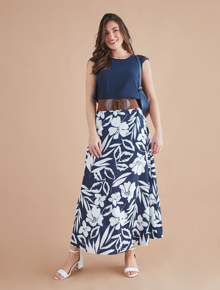 Jupe longue taille haute style corset imprimé hawaïen - Bleu nuit - 5
